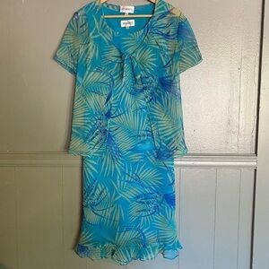 Studio 1 Womens Two Piece Blue and Green Tropical Sheer print dress size Small